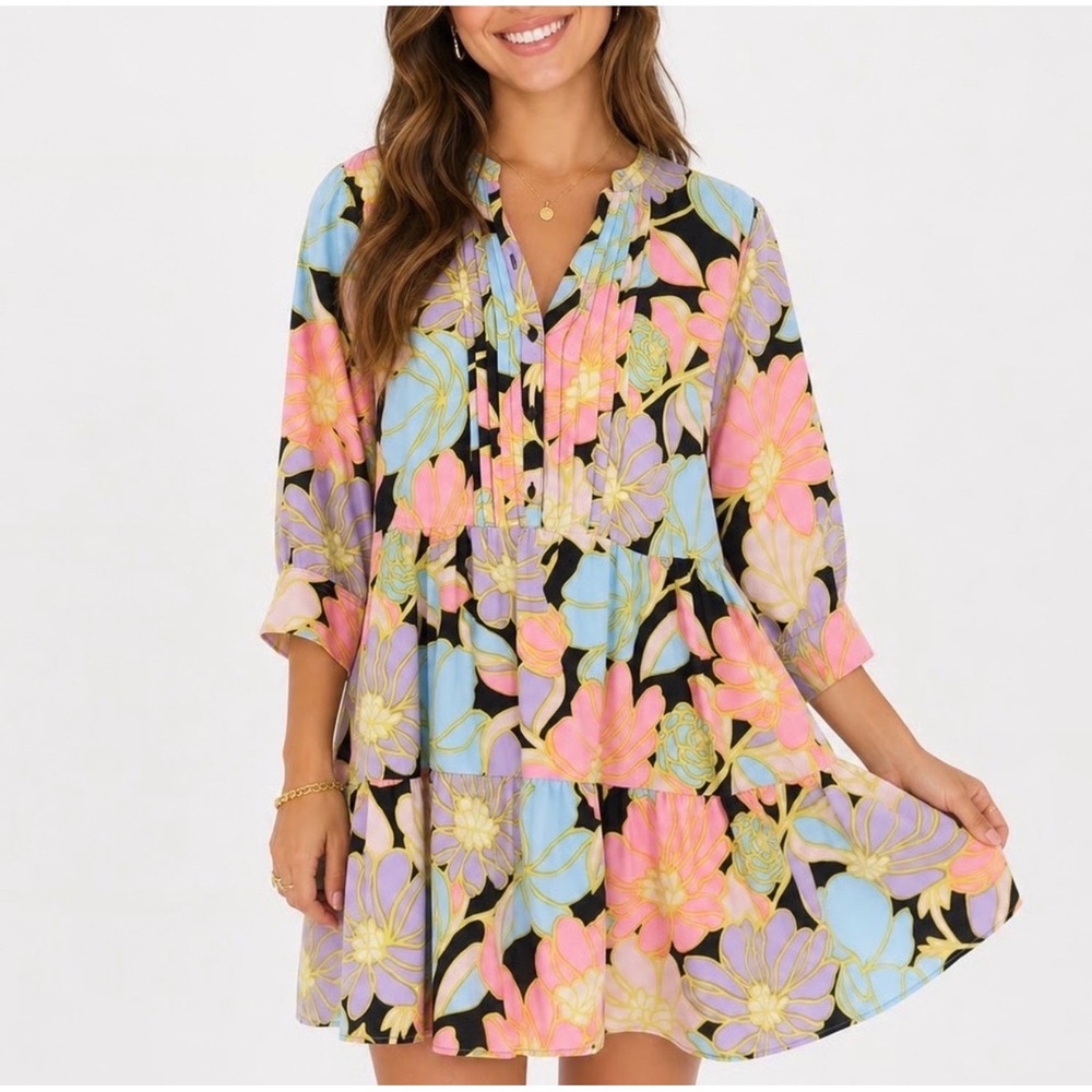 Who What Wear Floral Tiered Mini Dress Pink Blue Purple Pleated M